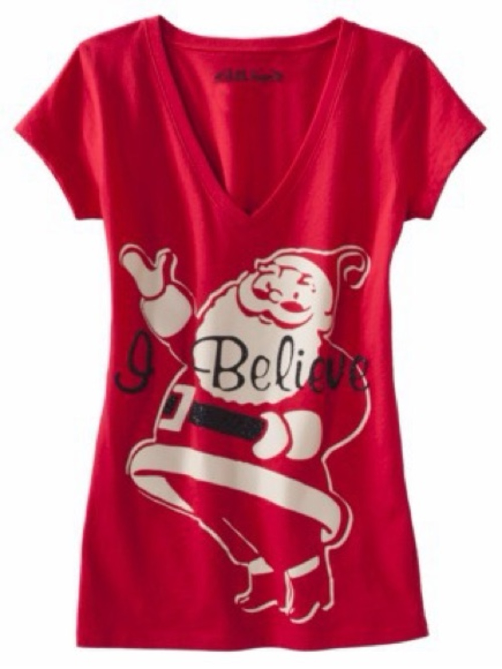 10/$25🦋 L.O.L. Vintage Red I BELIEVE Santa V-Neck Graphic Tee - Size XL